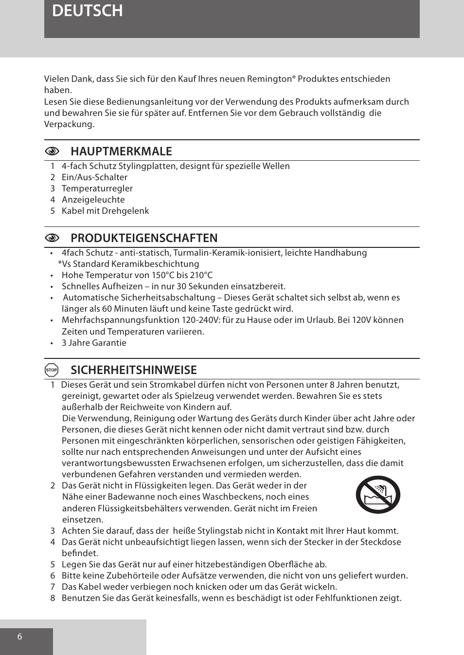 Deutsch, Chauptmerkmale, Cprodukteigenschaften | Asicherheitshinweise | Remington S6280 User Manual | Page 6 / 72