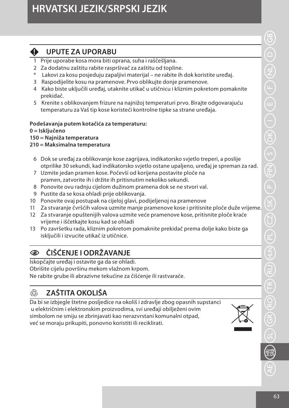 Hrvatski jezik/srpski jezik, Fupute za uporabu, Cčišćenje i održavanje | Hzaštita okoliša | Remington S6280 User Manual | Page 63 / 72
