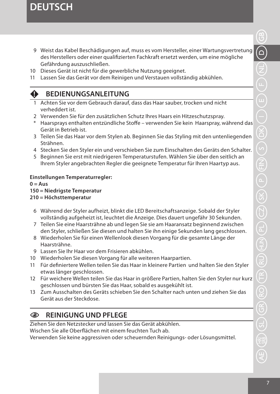Deutsch, Fbedienungsanleitung, Creinigung und pflege | Remington S6280 User Manual | Page 7 / 72