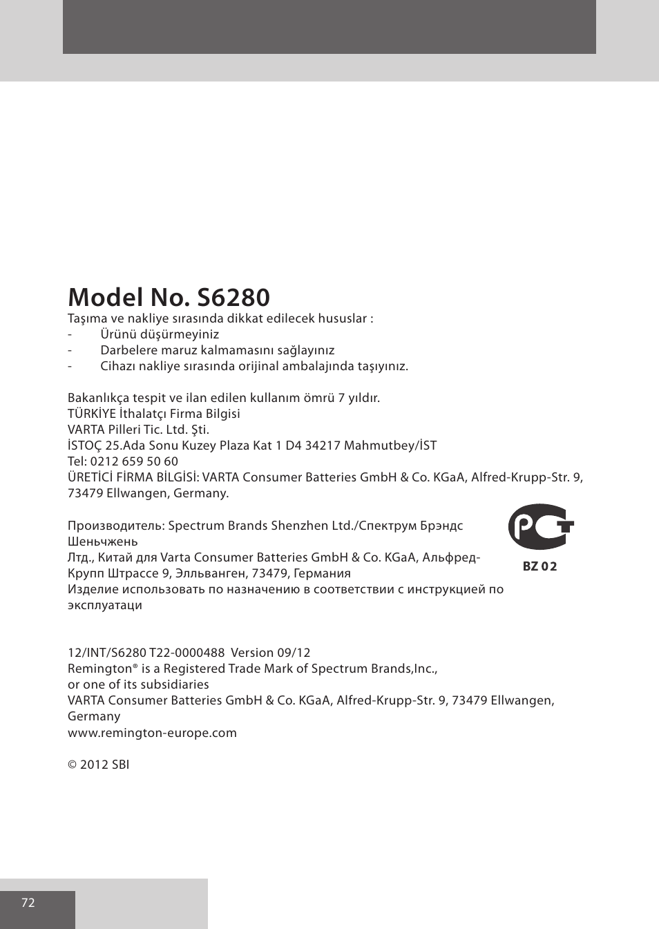Model no. s6280 | Remington S6280 User Manual | Page 72 / 72