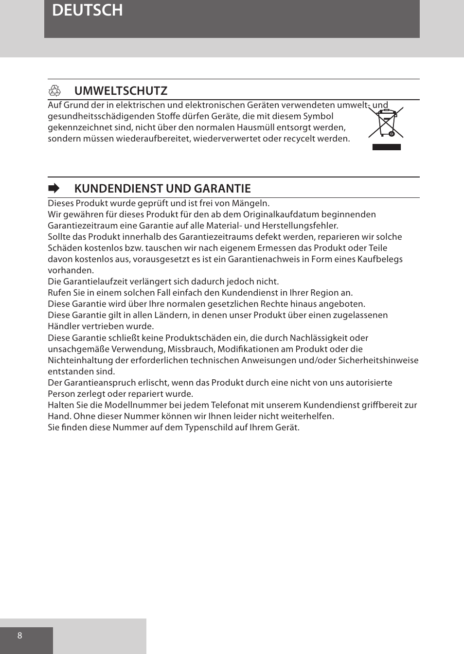 Deutsch, Humweltschutz, Ekundendienst und garantie | Remington S6280 User Manual | Page 8 / 72