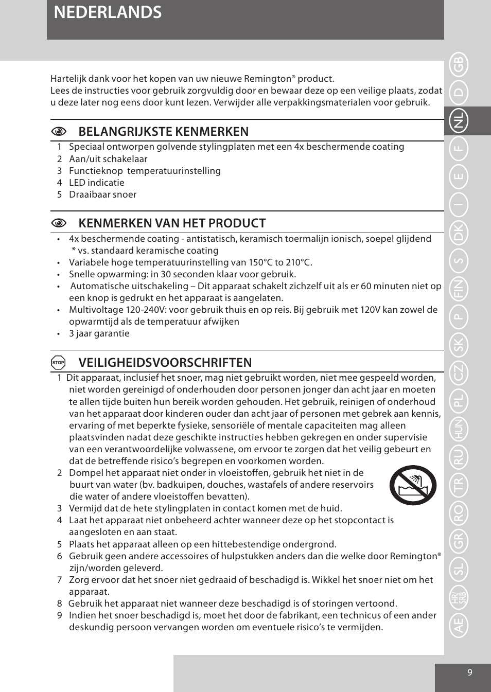 Nederlands, Cbelangrijkste kenmerken, Ckenmerken van het product | Aveiligheidsvoorschriften | Remington S6280 User Manual | Page 9 / 72