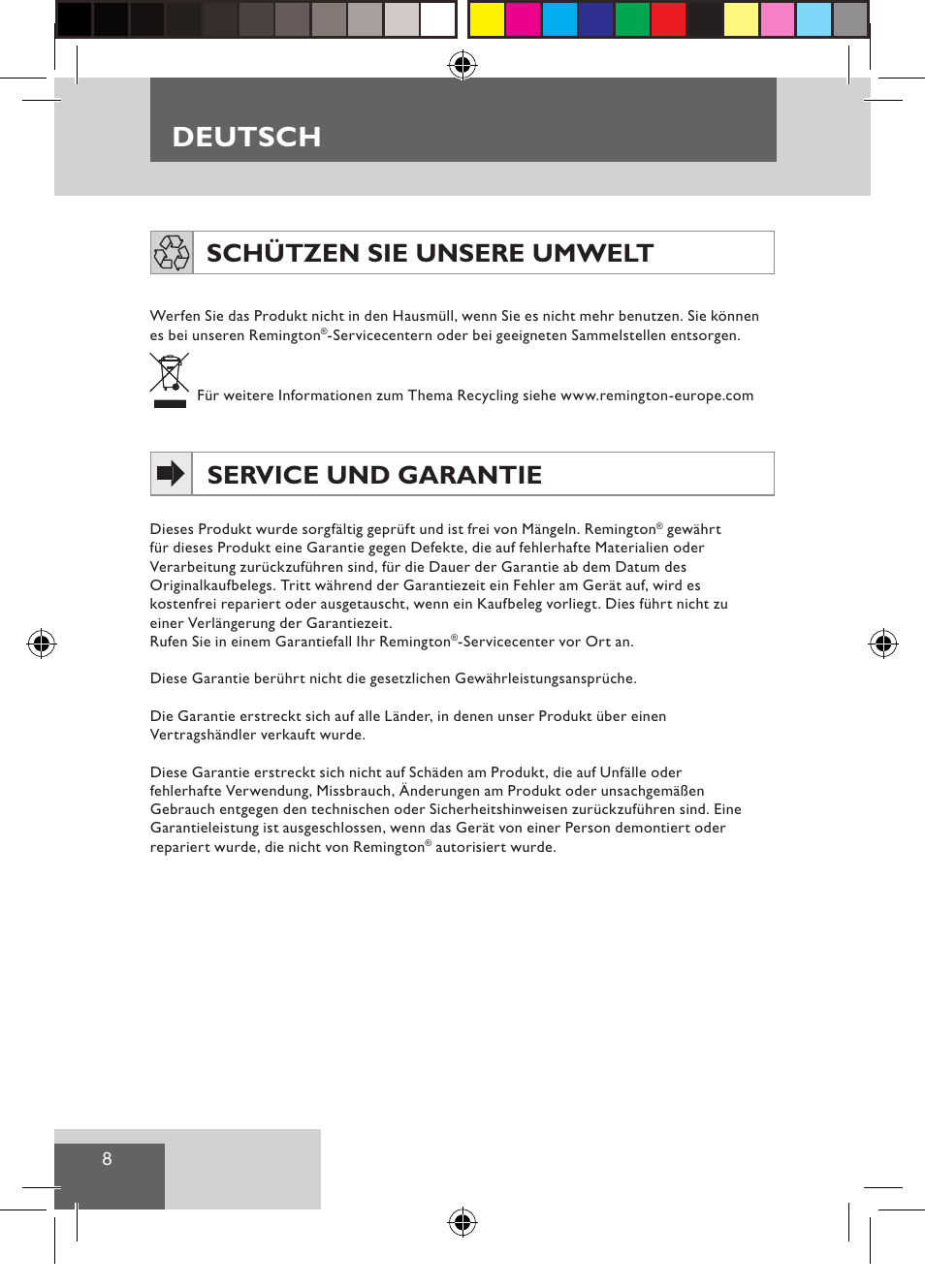 Deutsch, Schützen sie unsere umwelt, Service und garantie | Remington S3500 User Manual | Page 10 / 83