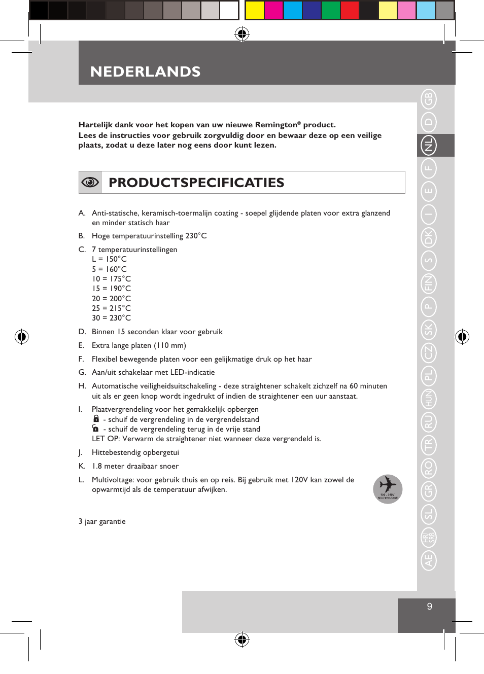 Nederlands, Productspecificaties | Remington S3500 User Manual | Page 11 / 83