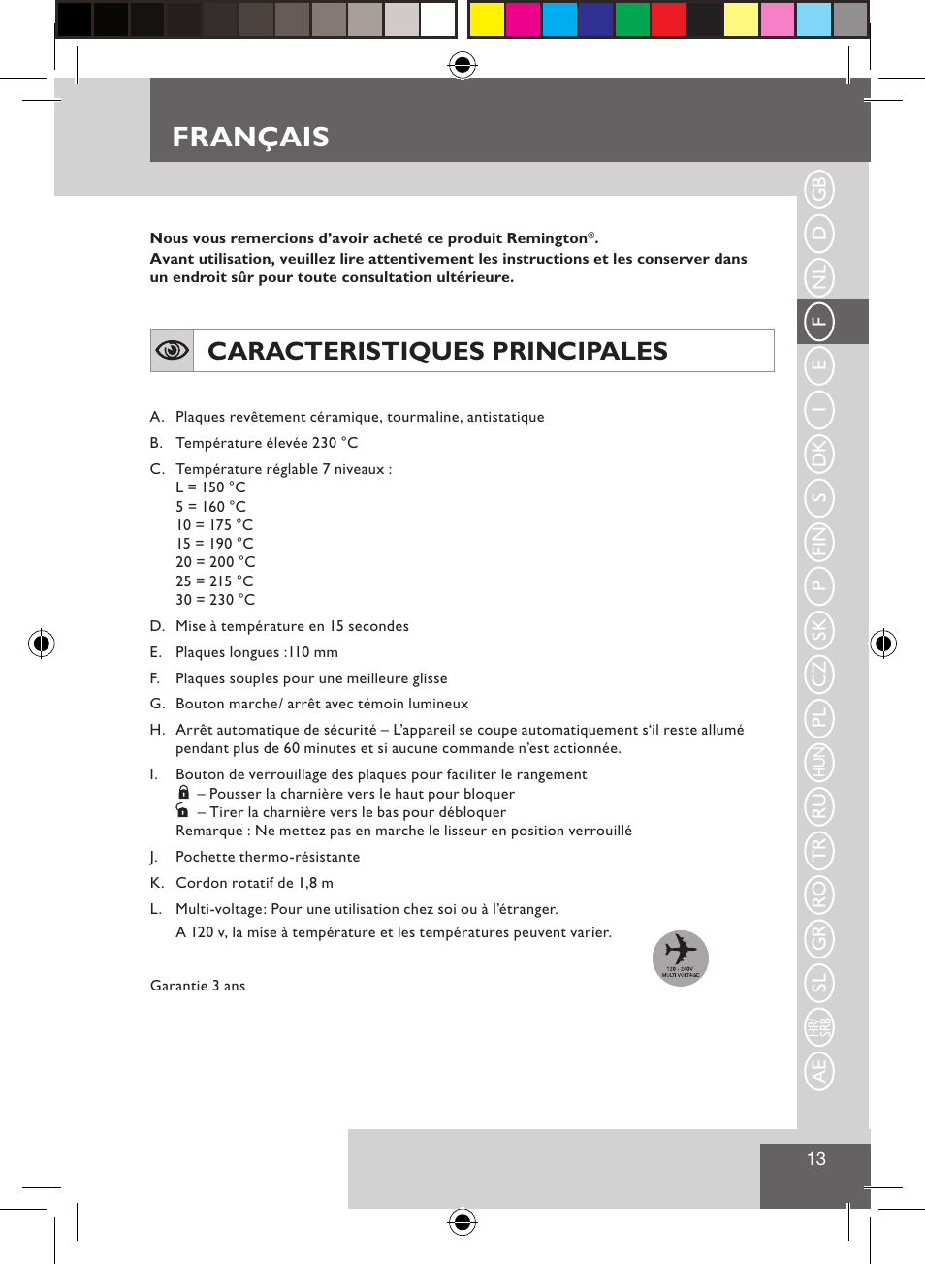 Français, Caracteristiques principales | Remington S3500 User Manual | Page 15 / 83