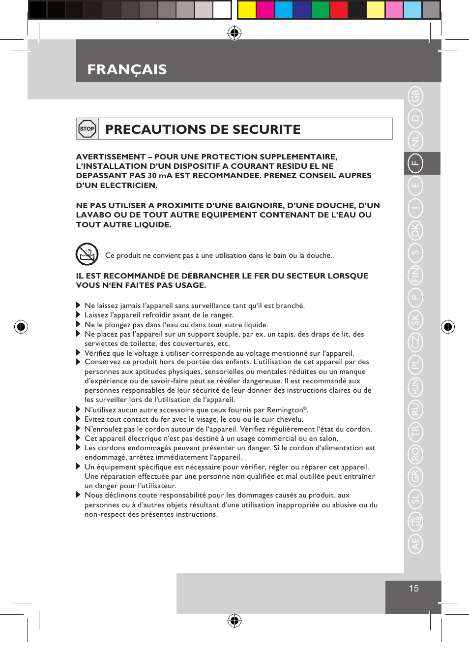 Français, Precautions de securite | Remington S3500 User Manual | Page 17 / 83