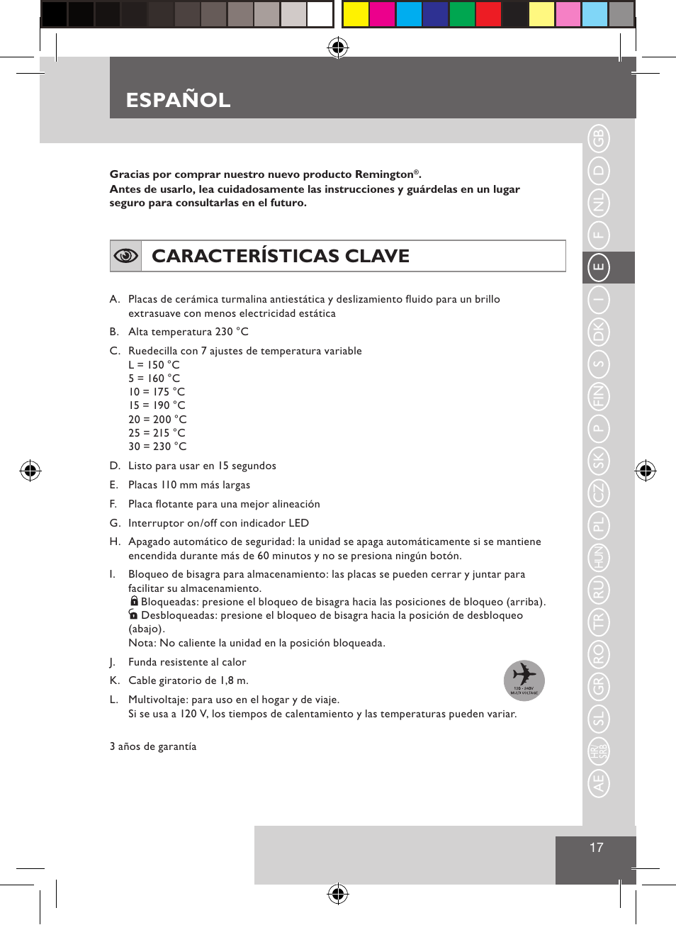 Español, Características clave | Remington S3500 User Manual | Page 19 / 83