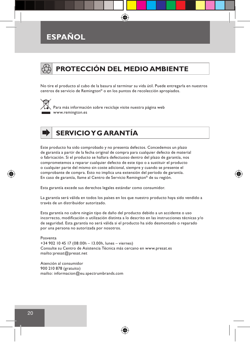Español, Protección del medio ambiente, Servicio y g arantía | Remington S3500 User Manual | Page 22 / 83