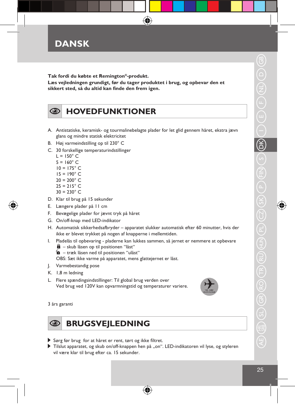 Dansk, Hovedfunktioner, Brugsvejledning | Remington S3500 User Manual | Page 27 / 83