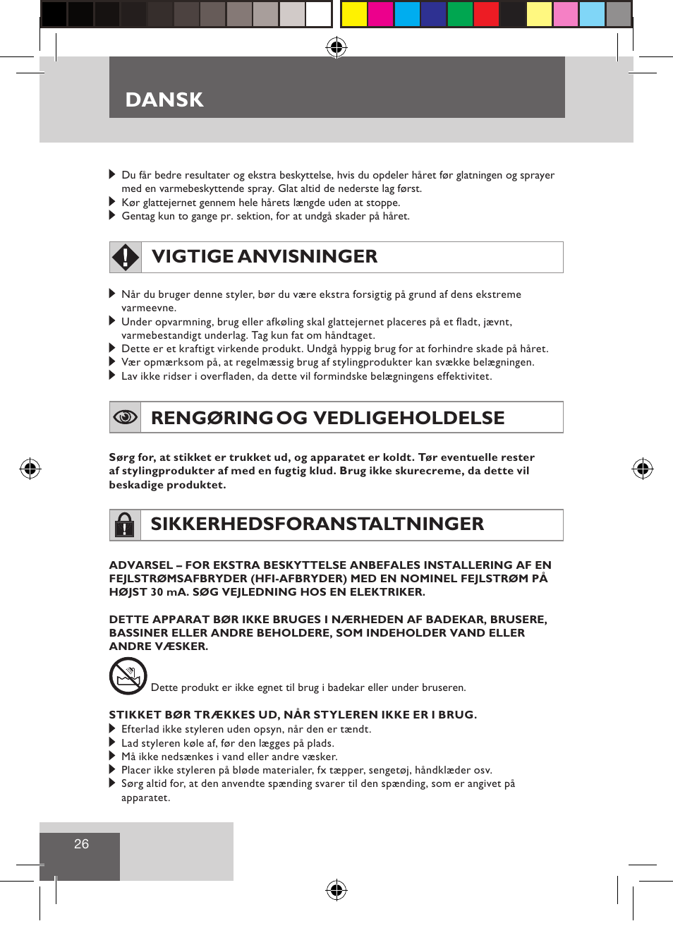 Dansk, Vigtige anvisninger, Rengøring og vedligeholdelse | Sikkerhedsforanstaltninger | Remington S3500 User Manual | Page 28 / 83