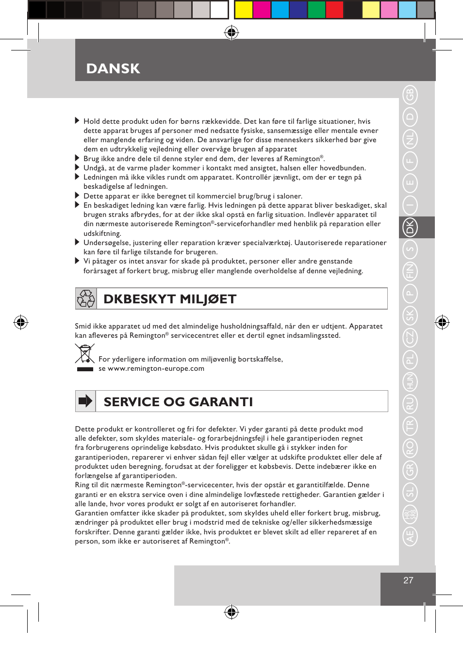 Dansk, Dk beskyt miljøet, Service og garanti | Remington S3500 User Manual | Page 29 / 83