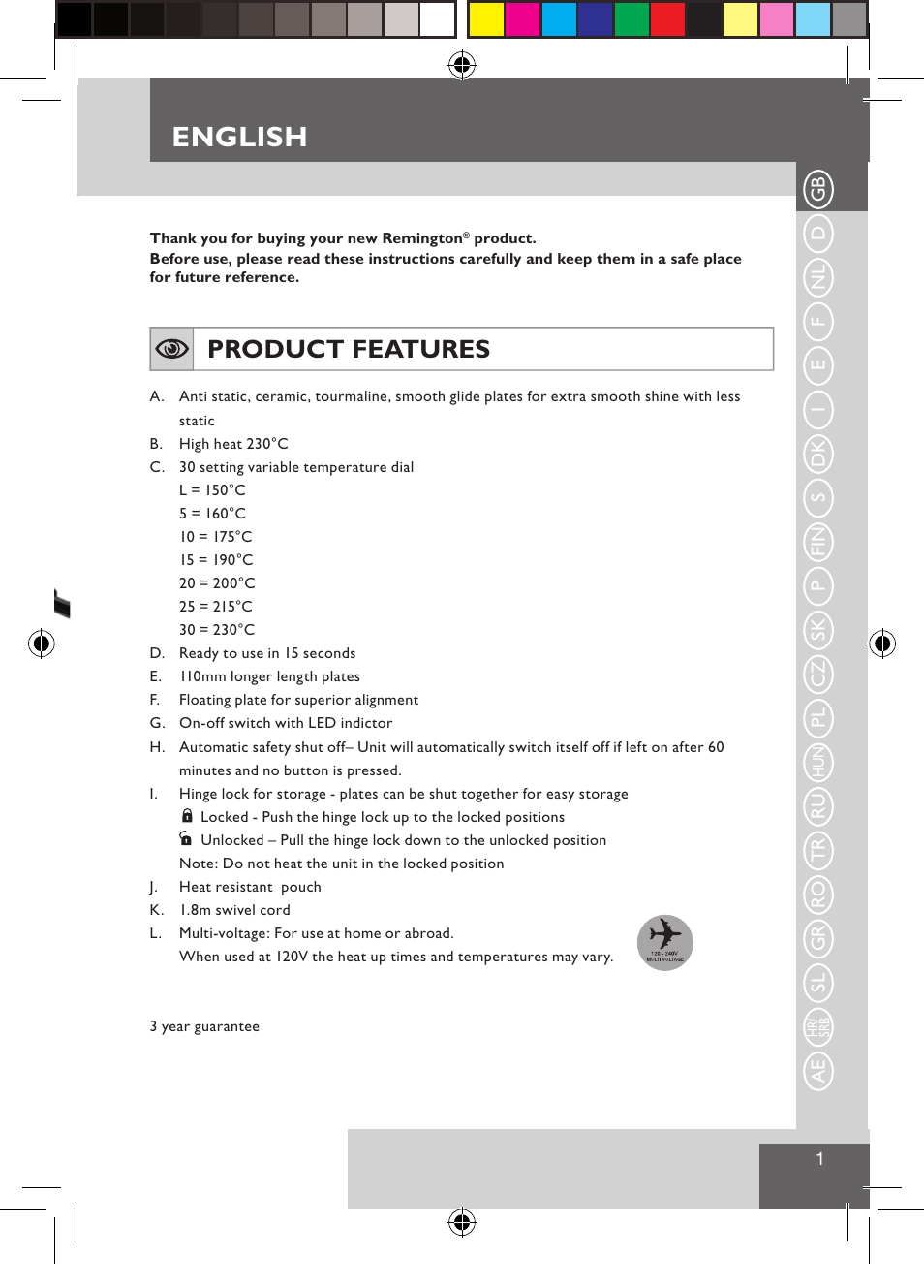 English, Product features | Remington S3500 User Manual | Page 3 / 83