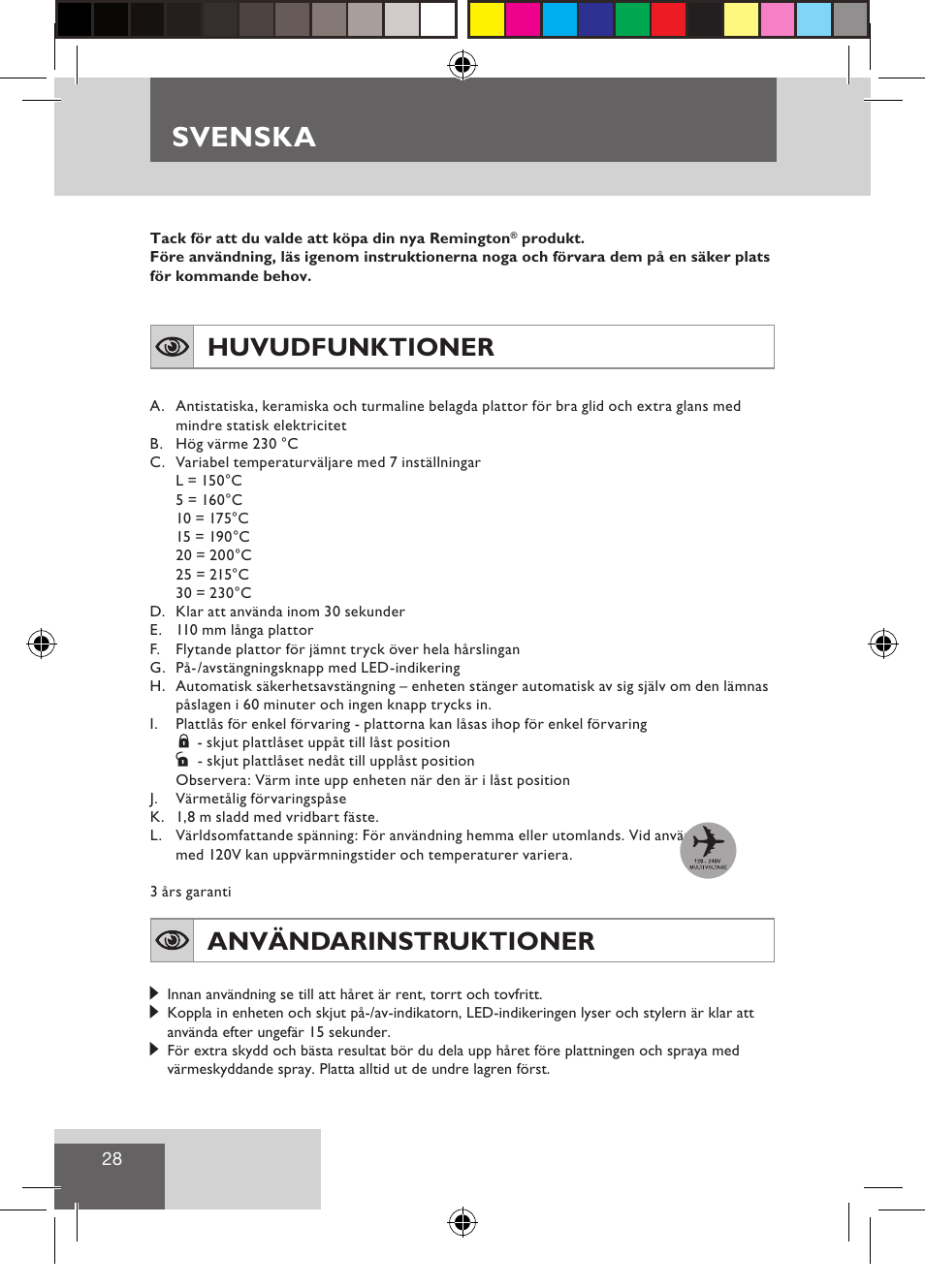 Svenska, Huvudfunktioner, Användarinstruktioner | Remington S3500 User Manual | Page 30 / 83