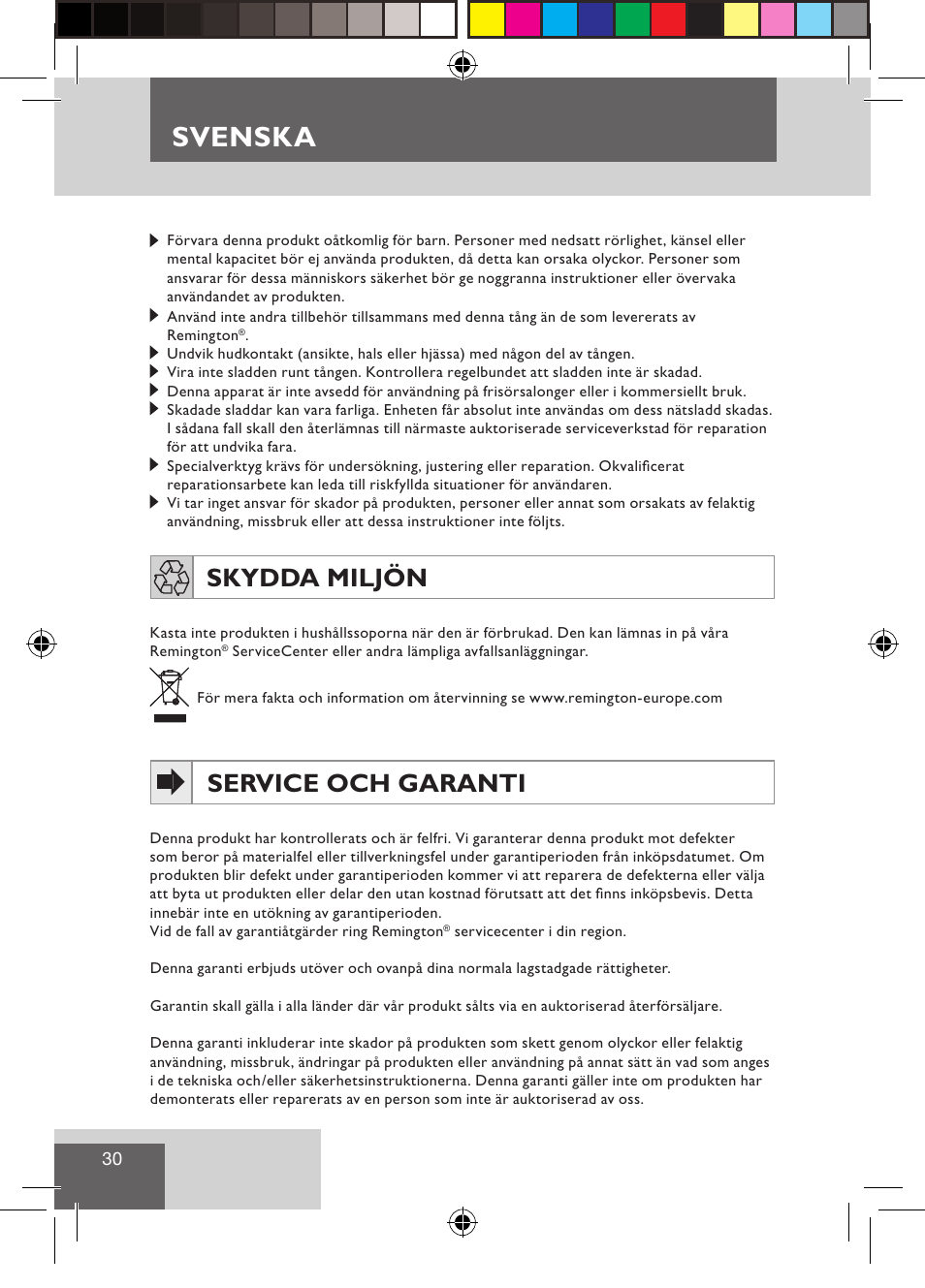 Svenska, Skydda miljön, Service och garanti | Remington S3500 User Manual | Page 32 / 83