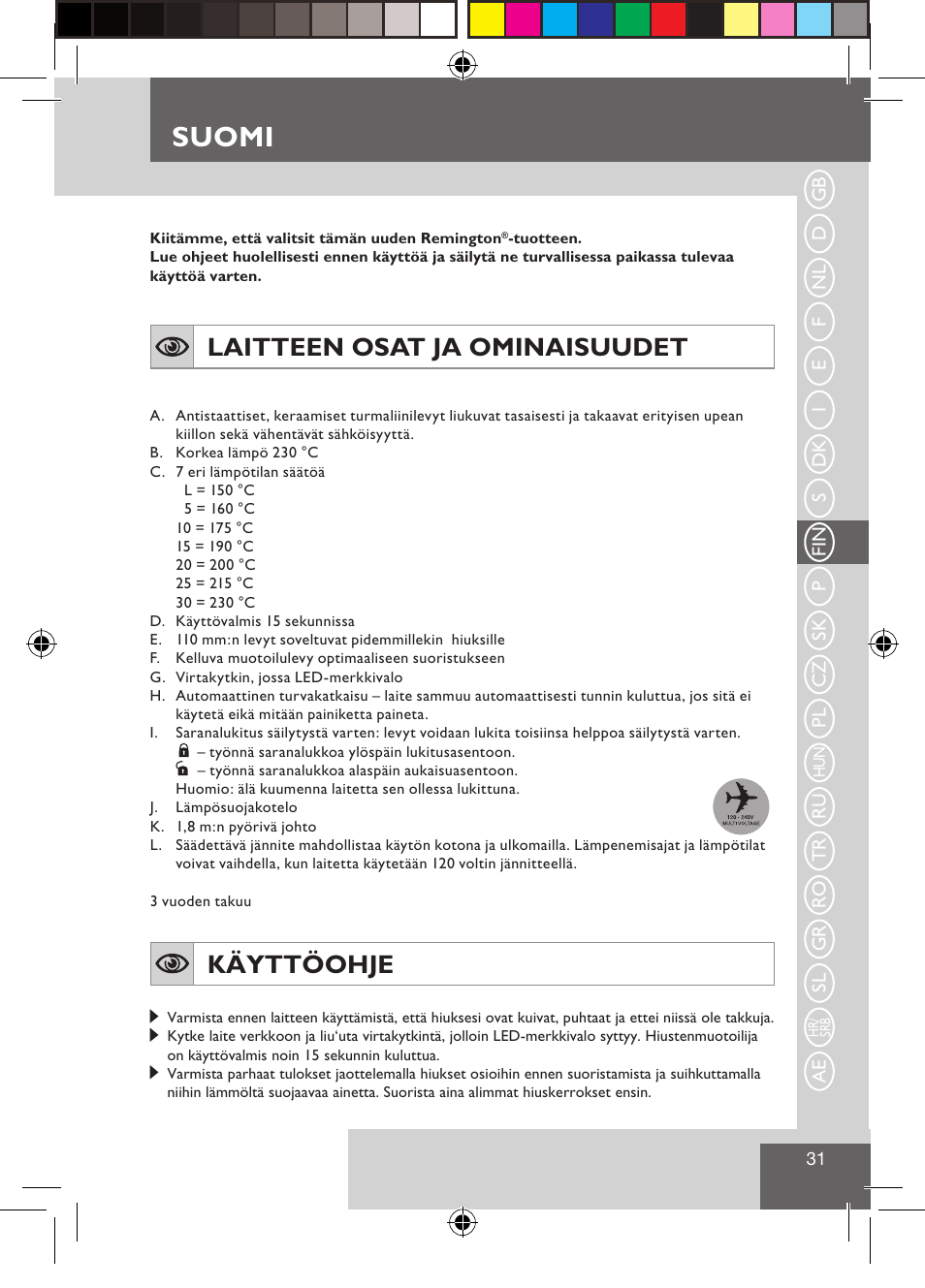 Suomi, Laitteen osat ja ominaisuudet, Käyttöohje | Remington S3500 User Manual | Page 33 / 83