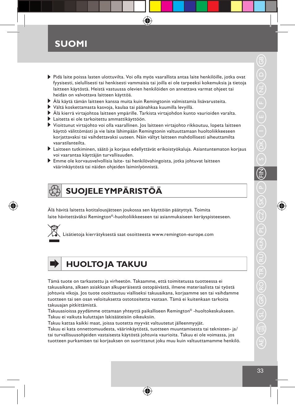 Suomi, Suojele ympäristöä, Huolto ja takuu | Remington S3500 User Manual | Page 35 / 83