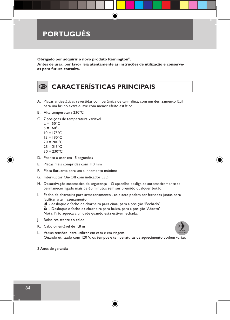 Português, Características principais | Remington S3500 User Manual | Page 36 / 83