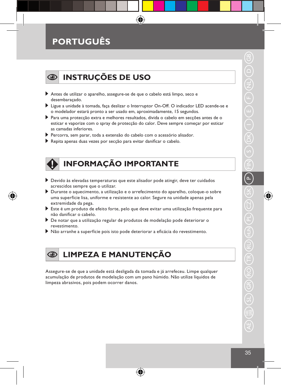 Português, Instruções de uso, Informação importante | Limpeza e manutenção | Remington S3500 User Manual | Page 37 / 83