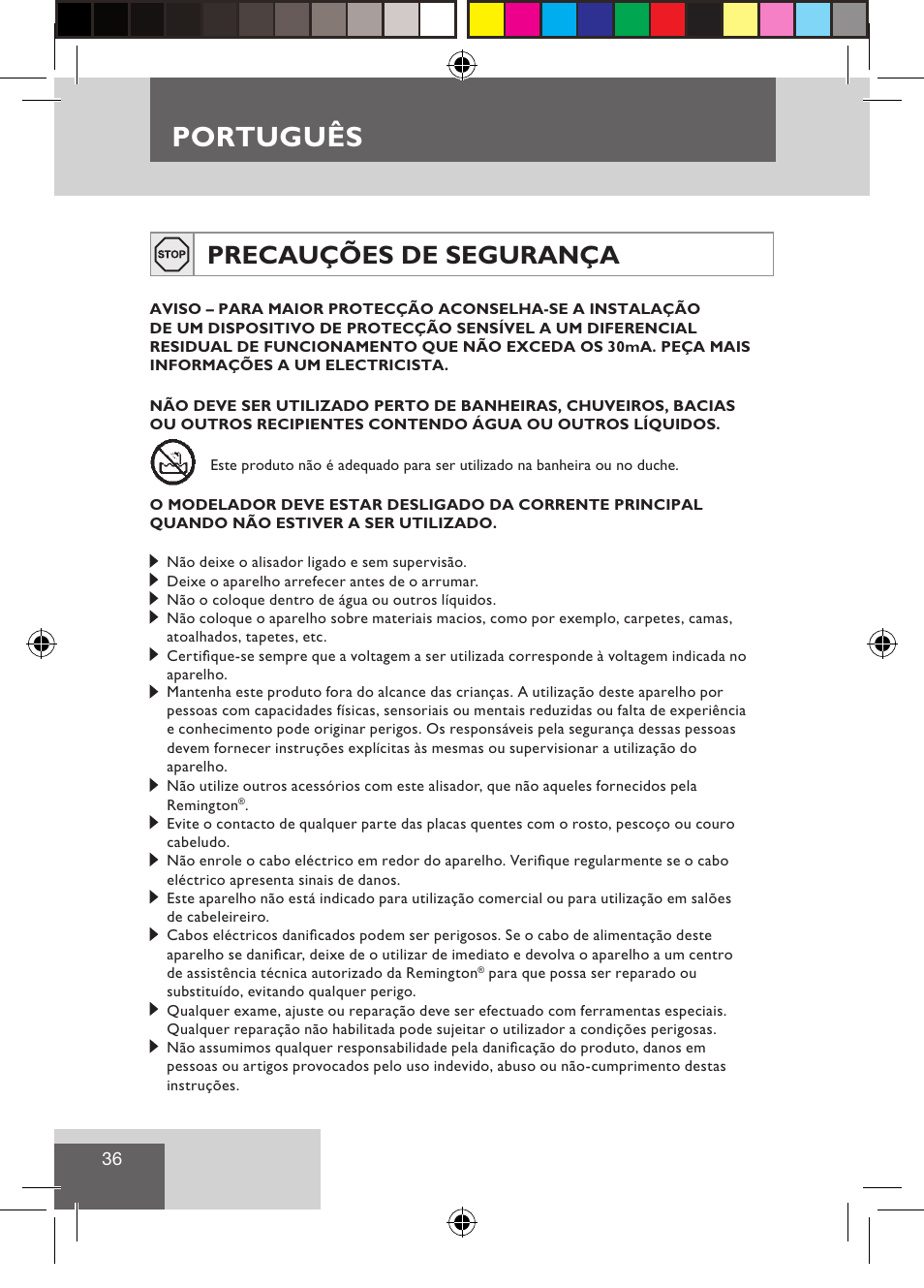Português, Precauções de segurança | Remington S3500 User Manual | Page 38 / 83