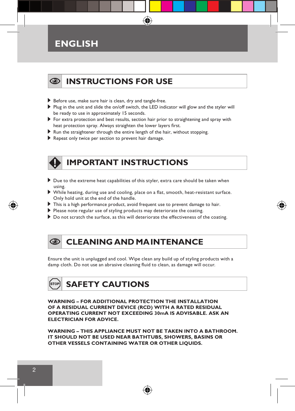 English, Instructions for use, Important instructions | Cleaning and ma intenance, Safety cautions | Remington S3500 User Manual | Page 4 / 83