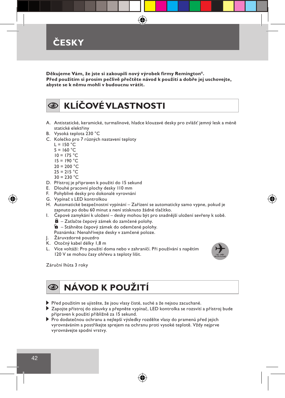 Česky, Klíčové vlastnosti, Návod k použití | Remington S3500 User Manual | Page 44 / 83