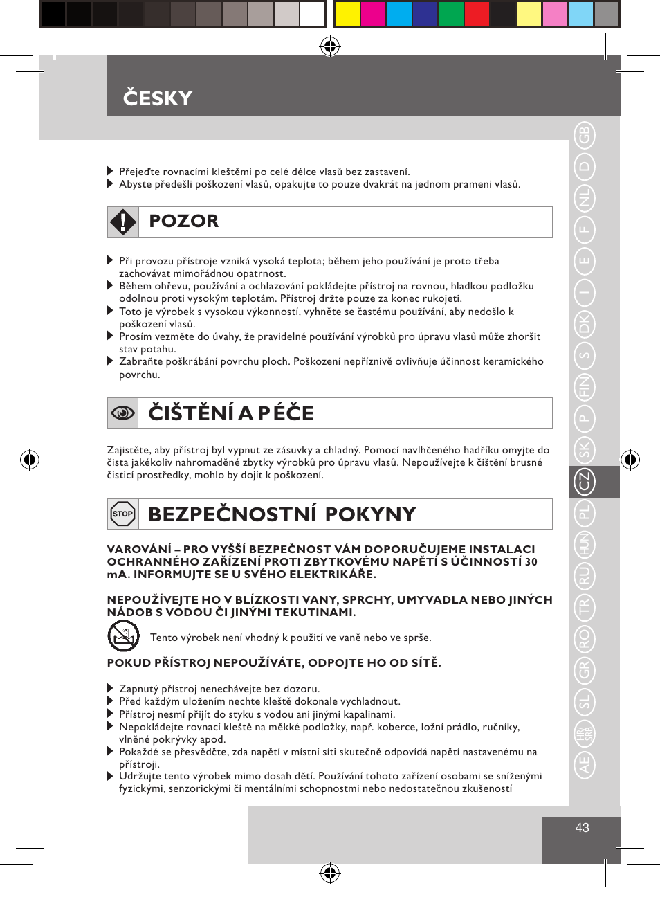 Čištění a p éče, Bezpečnostní pokyny, Česky | Pozor | Remington S3500 User Manual | Page 45 / 83