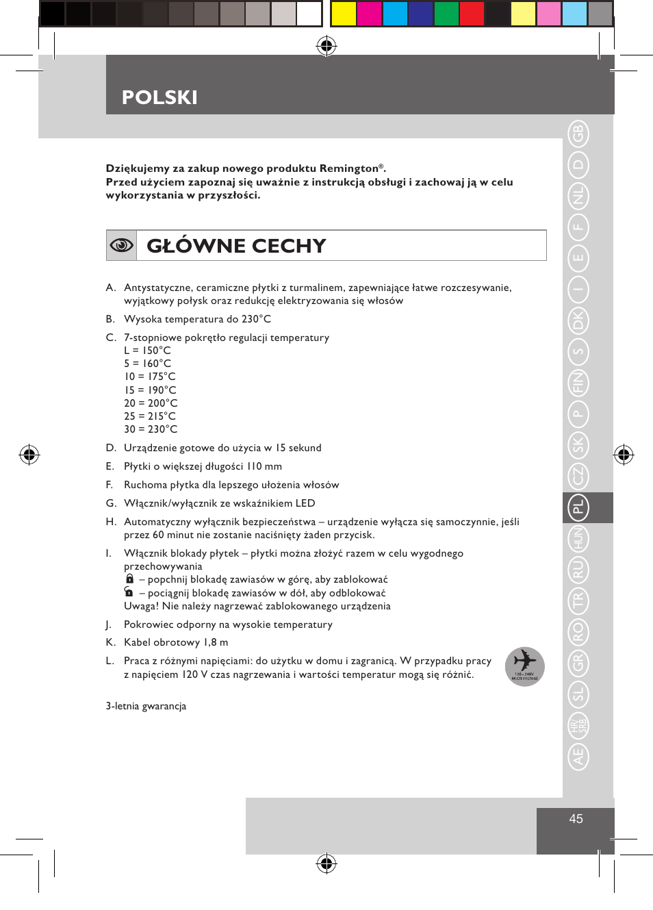 Polski, Główne cechy | Remington S3500 User Manual | Page 47 / 83