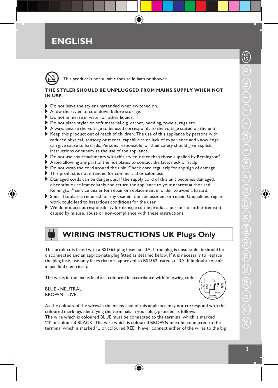 English, Wiring instructions uk plugs only | Remington S3500 User Manual | Page 5 / 83