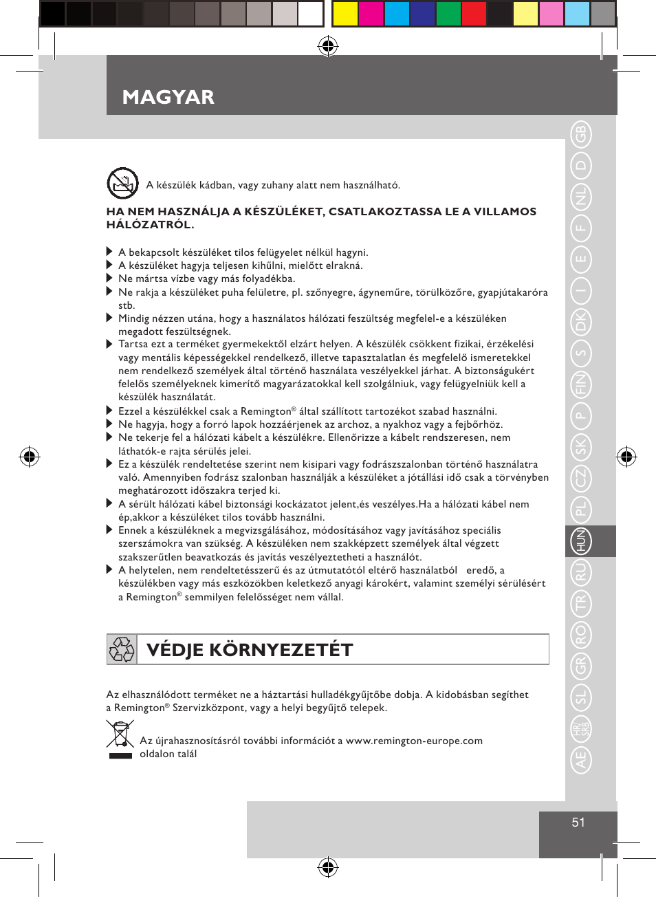 Magyar, Védje környezetét | Remington S3500 User Manual | Page 53 / 83