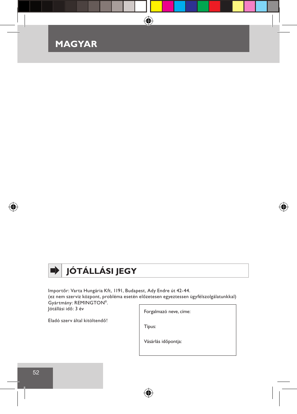 Magyar, Jótállási jegy | Remington S3500 User Manual | Page 54 / 83