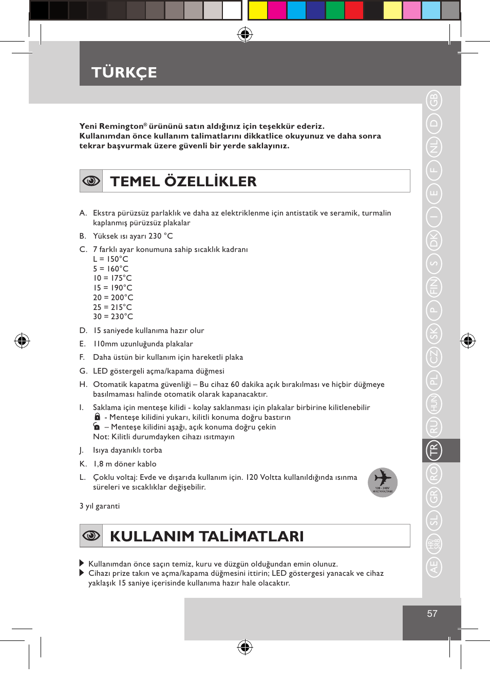 Türkçe, Kullanim talimatlari, Temel özellikler | Remington S3500 User Manual | Page 59 / 83