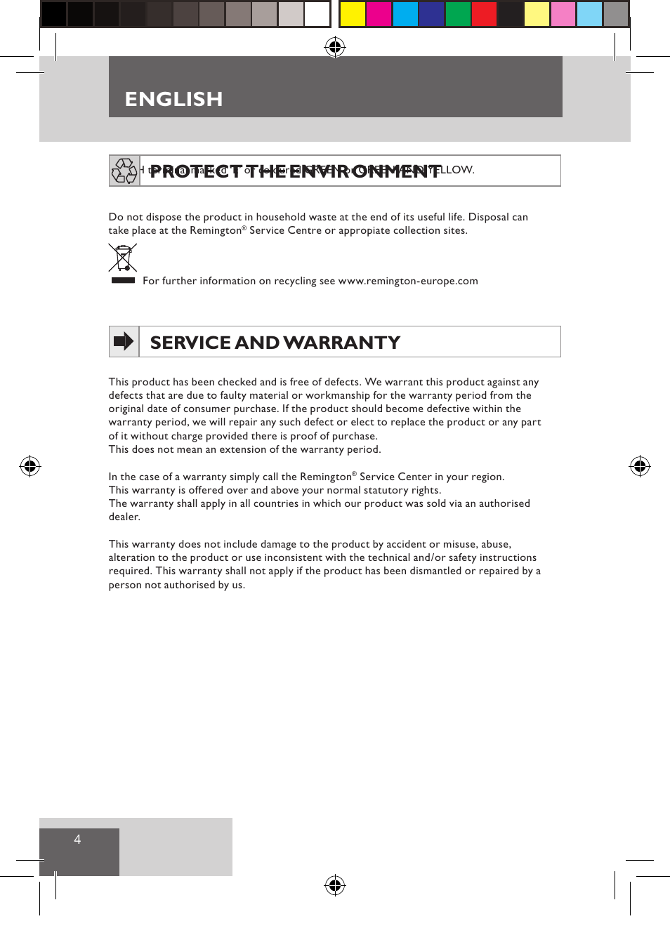 English, Protect the envir onment, Service and warranty | Remington S3500 User Manual | Page 6 / 83