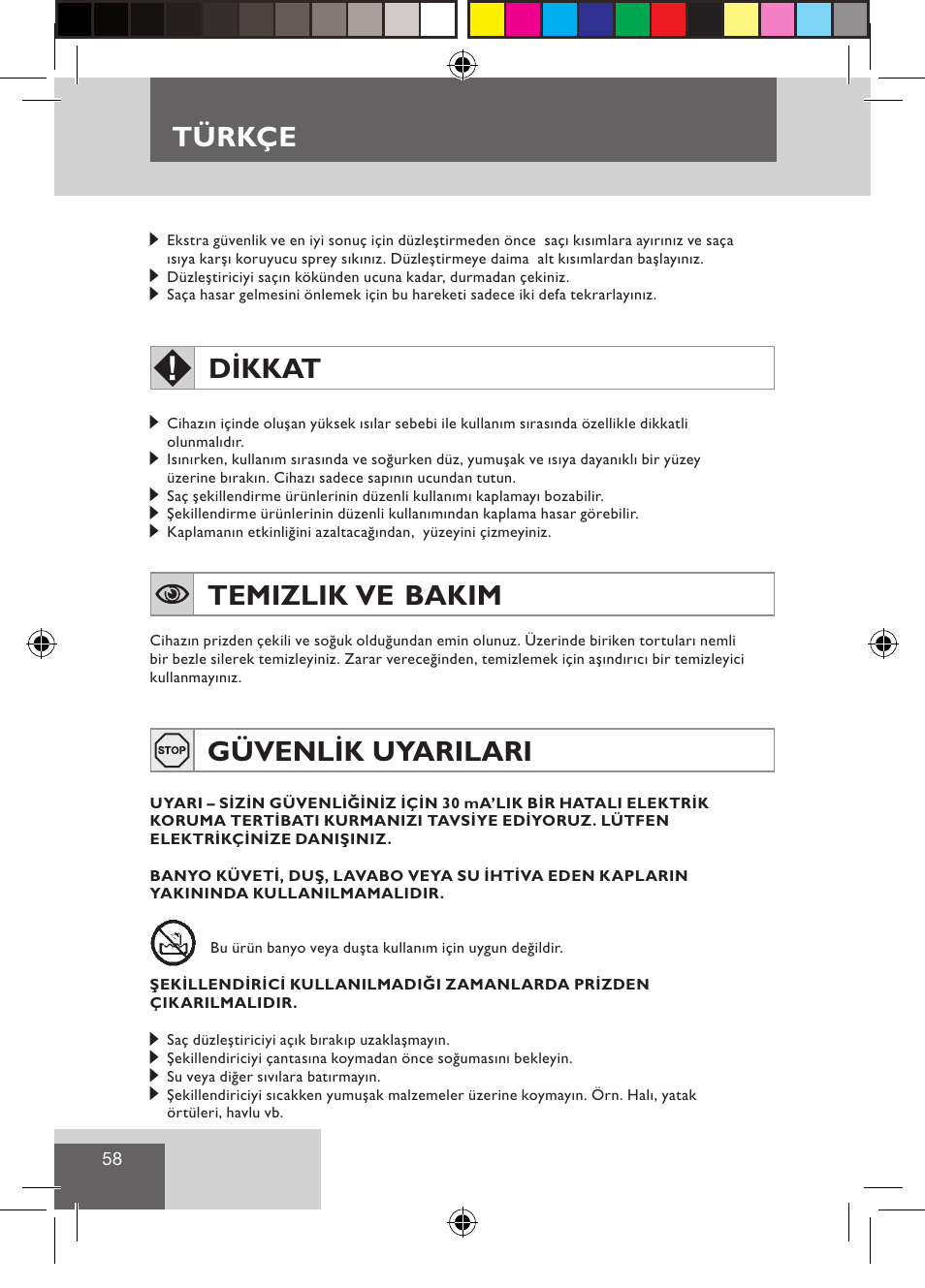Türkçe, Dikkat, Temizlik ve bakim | Güvenlik uyarilari | Remington S3500 User Manual | Page 60 / 83