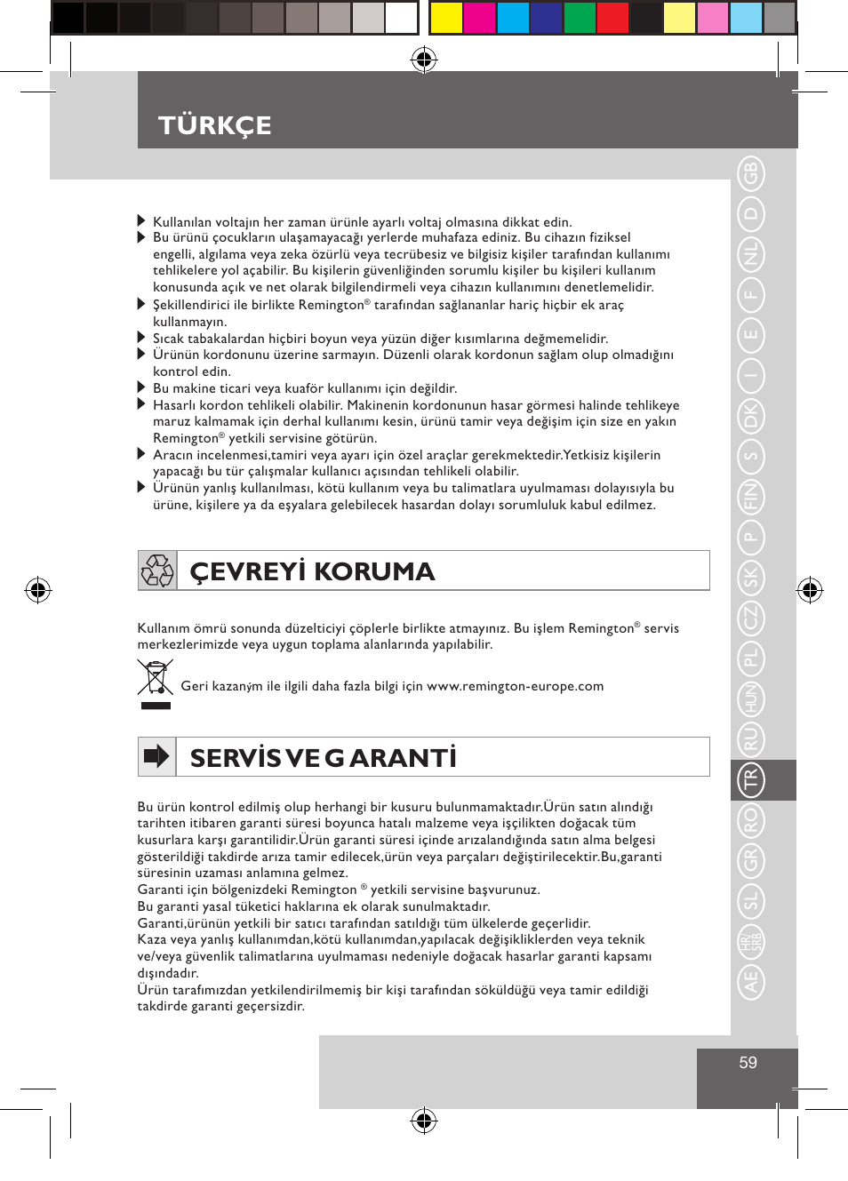 Türkçe, Çevreyi koruma, Servis ve g aranti | Remington S3500 User Manual | Page 61 / 83
