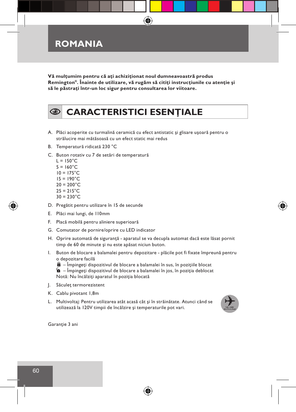 Romania, Caracteristici esenţiale | Remington S3500 User Manual | Page 62 / 83