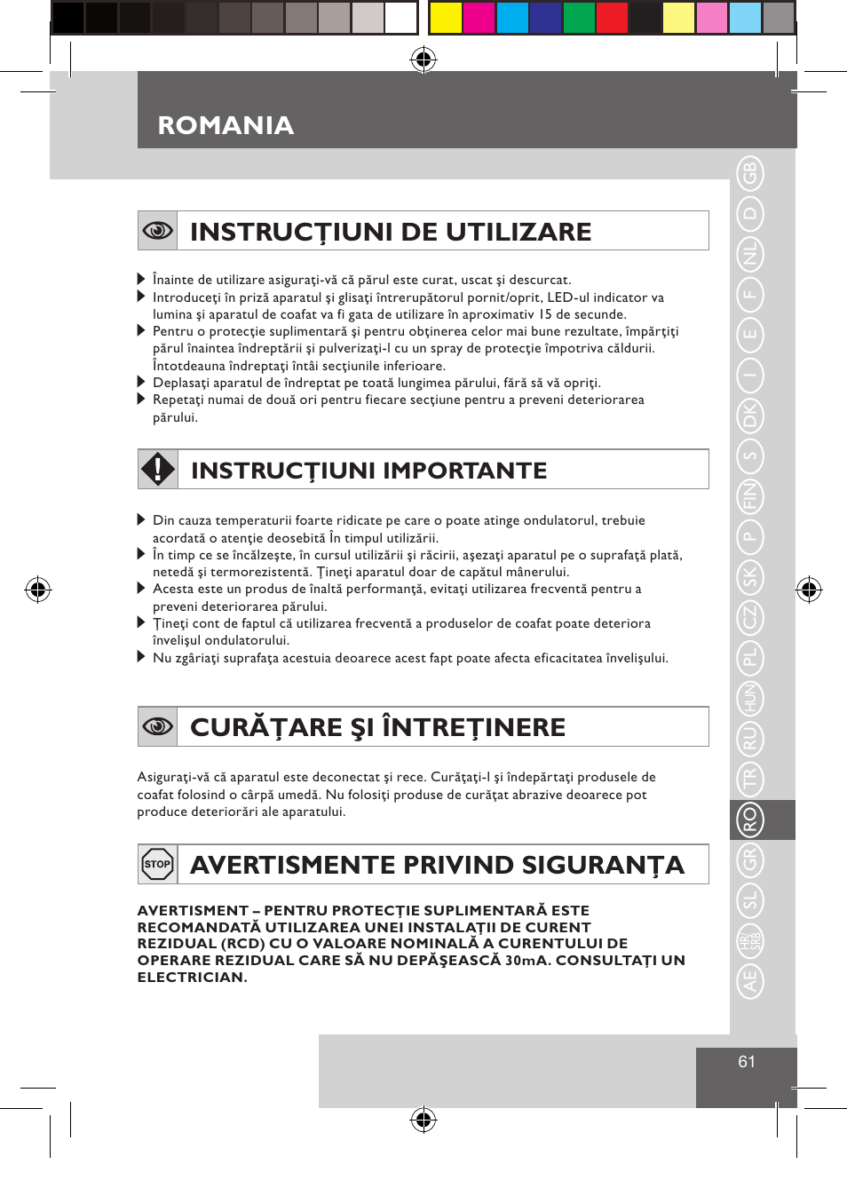 Romania, Instrucţiuni de utilizare, Curăţare şi întreţinere | Avertismente privind siguranţa, Instrucţiuni importante | Remington S3500 User Manual | Page 63 / 83