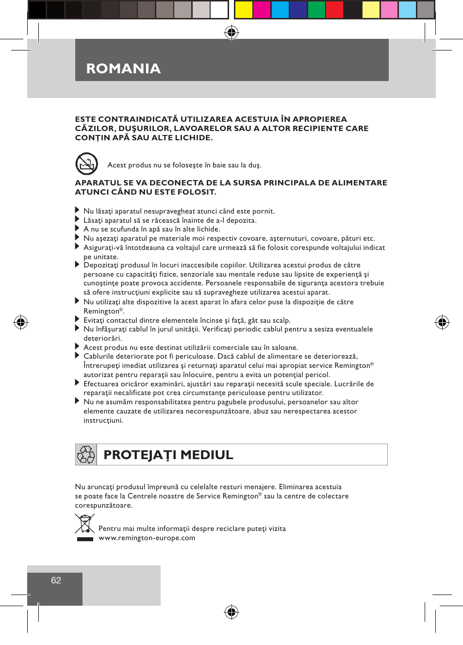 Romania, Protejaţi mediul | Remington S3500 User Manual | Page 64 / 83