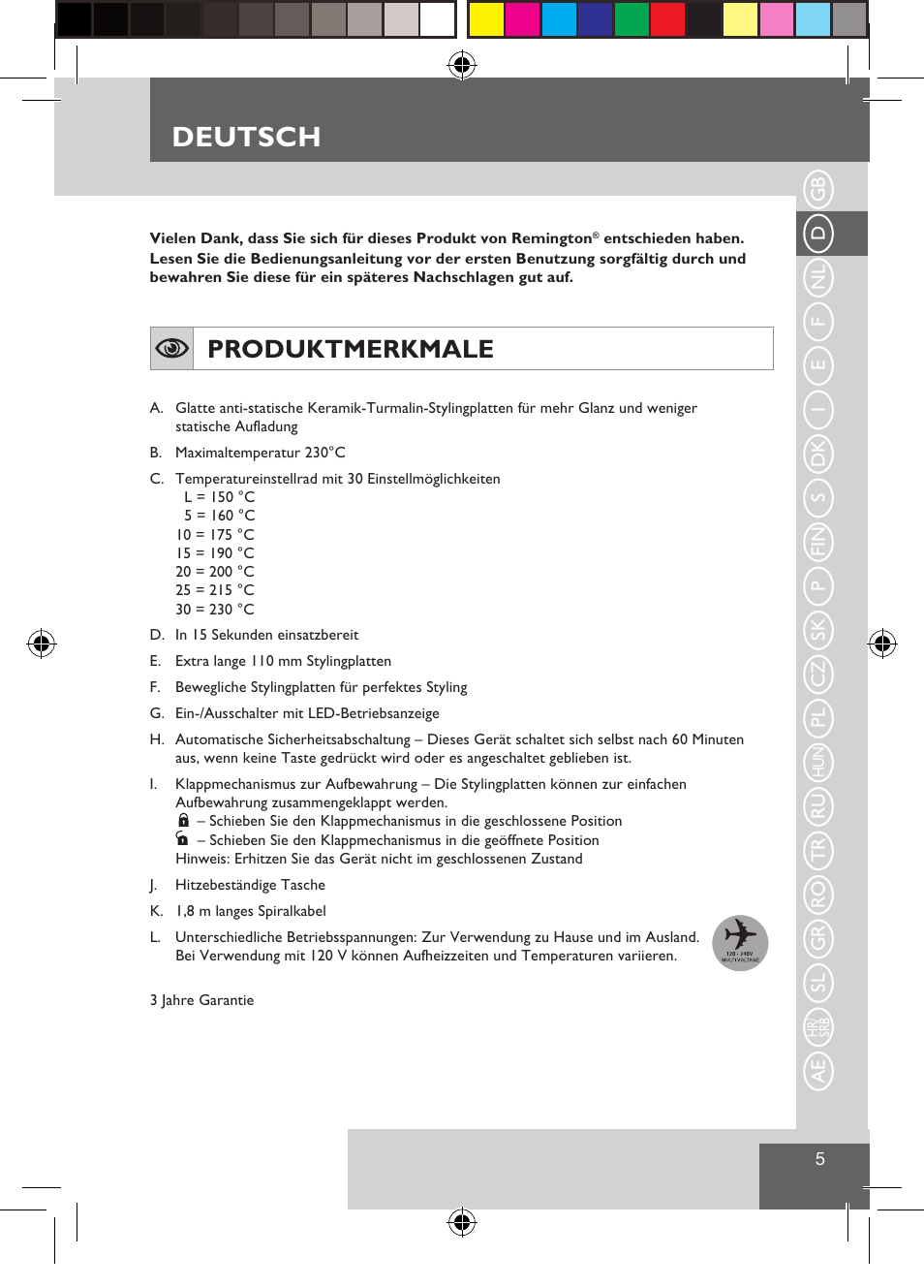 Deutsch, Produktmerkmale | Remington S3500 User Manual | Page 7 / 83
