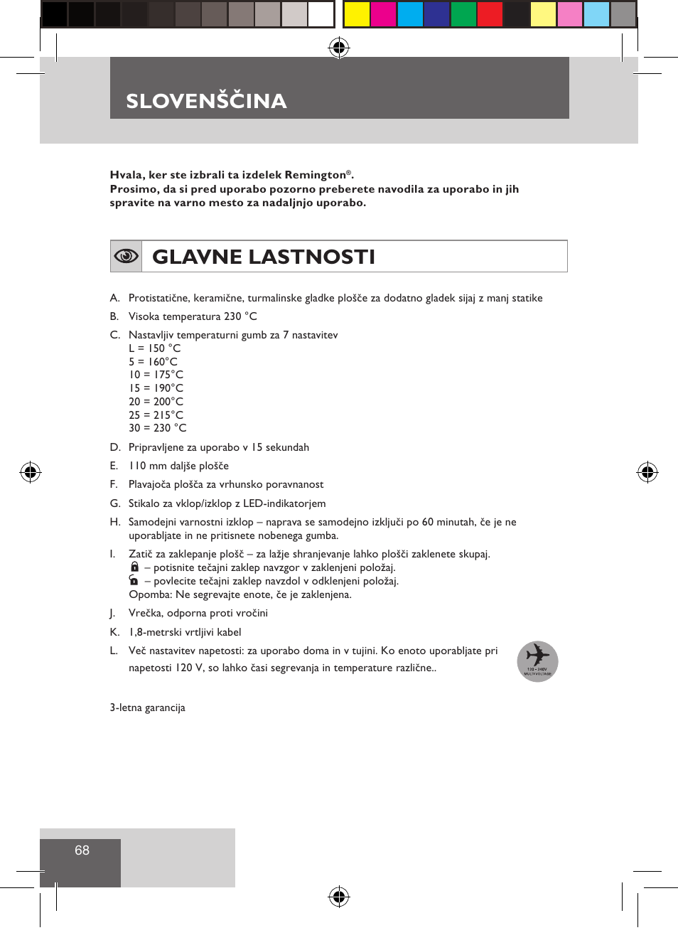 Slovenščina, Glavne lastnosti | Remington S3500 User Manual | Page 70 / 83