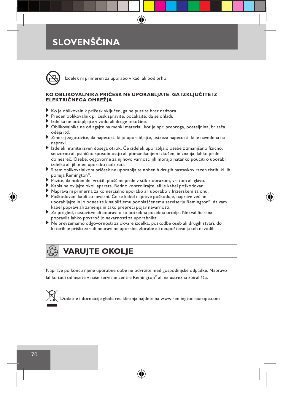 Slovenščina, Varujte okolje | Remington S3500 User Manual | Page 72 / 83