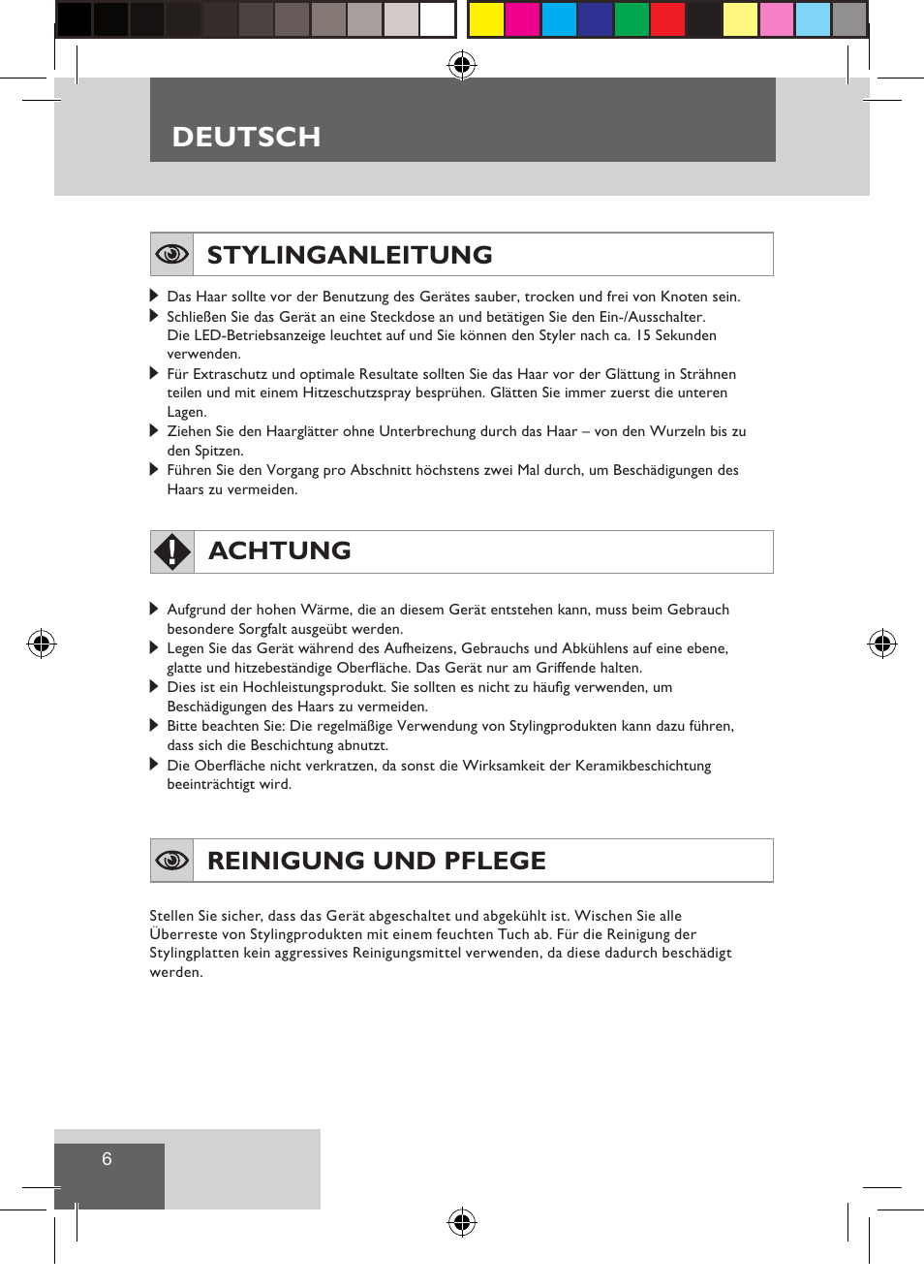 Deutsch, Stylinganleitung, Achtung | Reinigung und pflege | Remington S3500 User Manual | Page 8 / 83