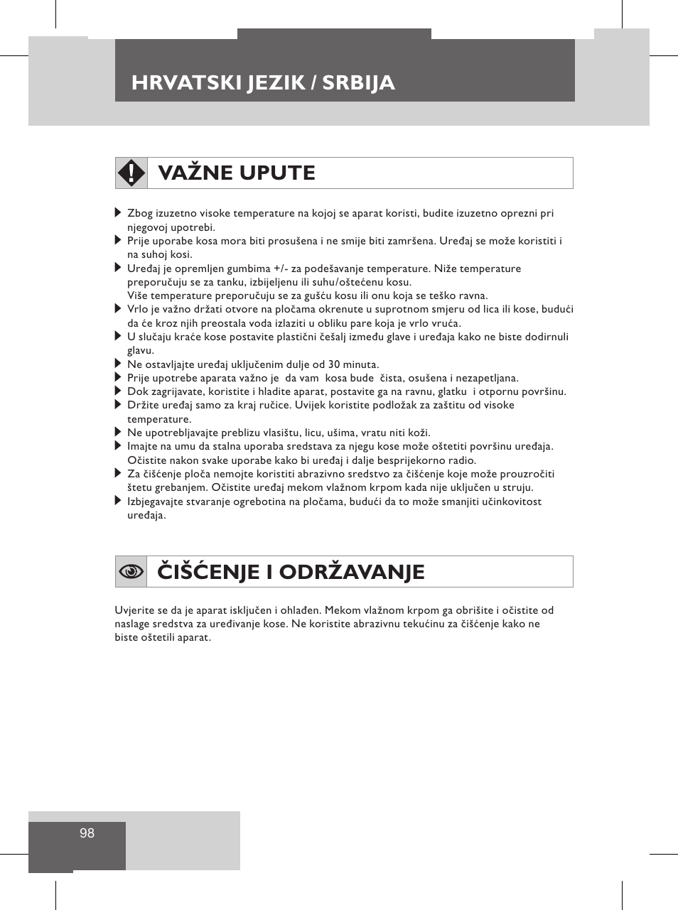 Hrvatski jezik / srbija, Važne upute, Čišćenje i održavanje | Sigurnosne mjere | Remington S8102 User Manual | Page 100 / 112