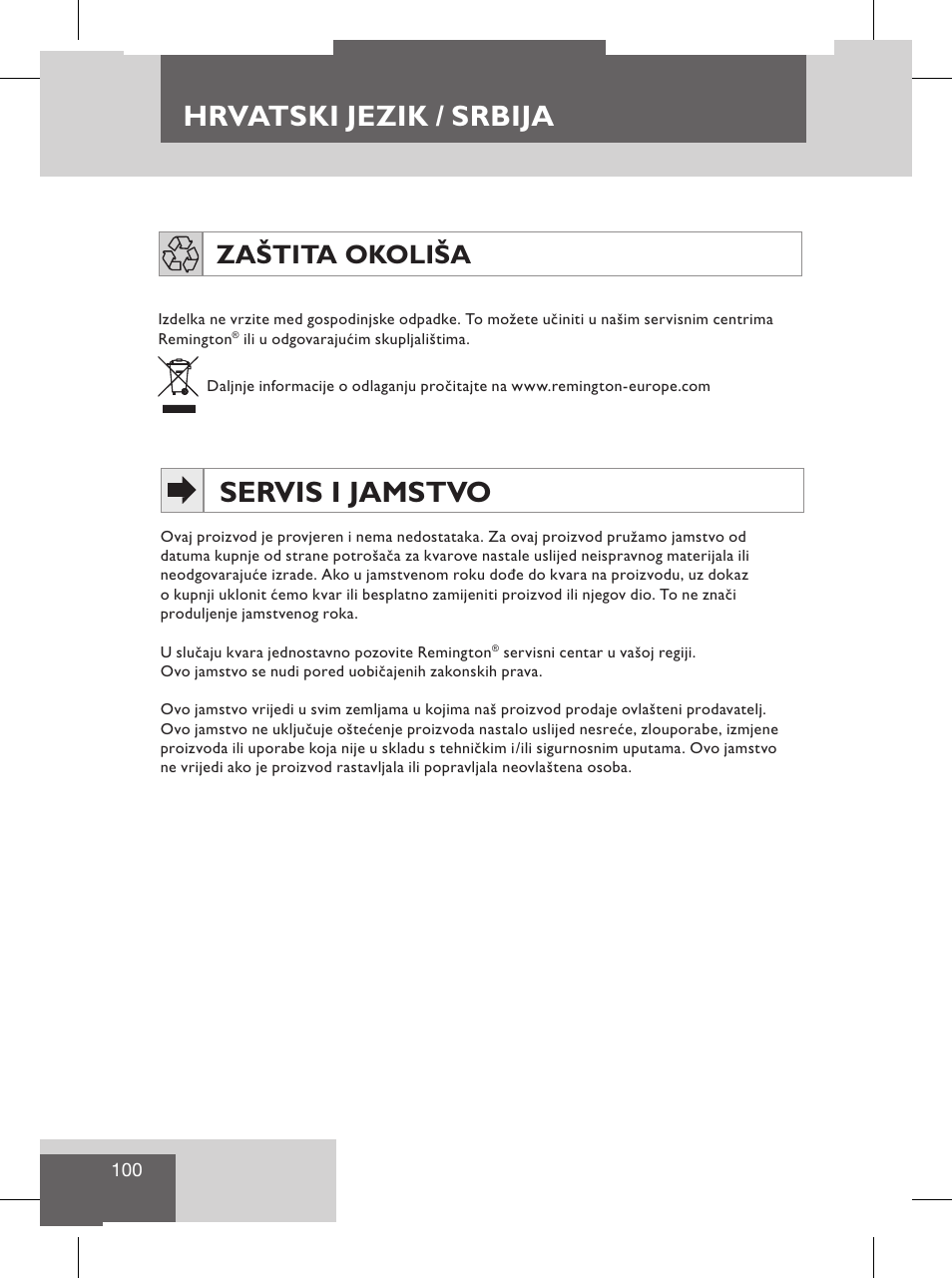 ﻲﺑﺮﻋ, ﺔﻴﺳﺎﺳﻷﺍ ﺕﺍﺰﻴﻤﳌﺍ, Hrvatski jezik / srbija | Servis i jamstvo, Zaštita okoliša, ﺪﻳﺪﳉﺍ, ﺮﻴﺼﻘﻟﺍ ﺮﻌﺸﻠﻟ ﺔﻄﻴﺴﺑ ﻖﺋﺎﻗﺭ, ﺀﻼﻄﺑ ﺩﻭﺰﳌﺍﻭ, ﺱﺎﳌﺍﻭ ﻚﻴﻣﺍﺮﻴﺴﻟﺍ ﻑﻼﻐﺑ ﺹﺎﺧ, ﺔﻴﻤﻗﺮﻟﺍ | Remington S8102 User Manual | Page 102 / 112
