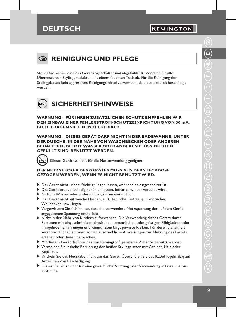 Deutsch, Achtung, Reinigung und pflege | Sicherheitshinweise | Remington S8102 User Manual | Page 11 / 112
