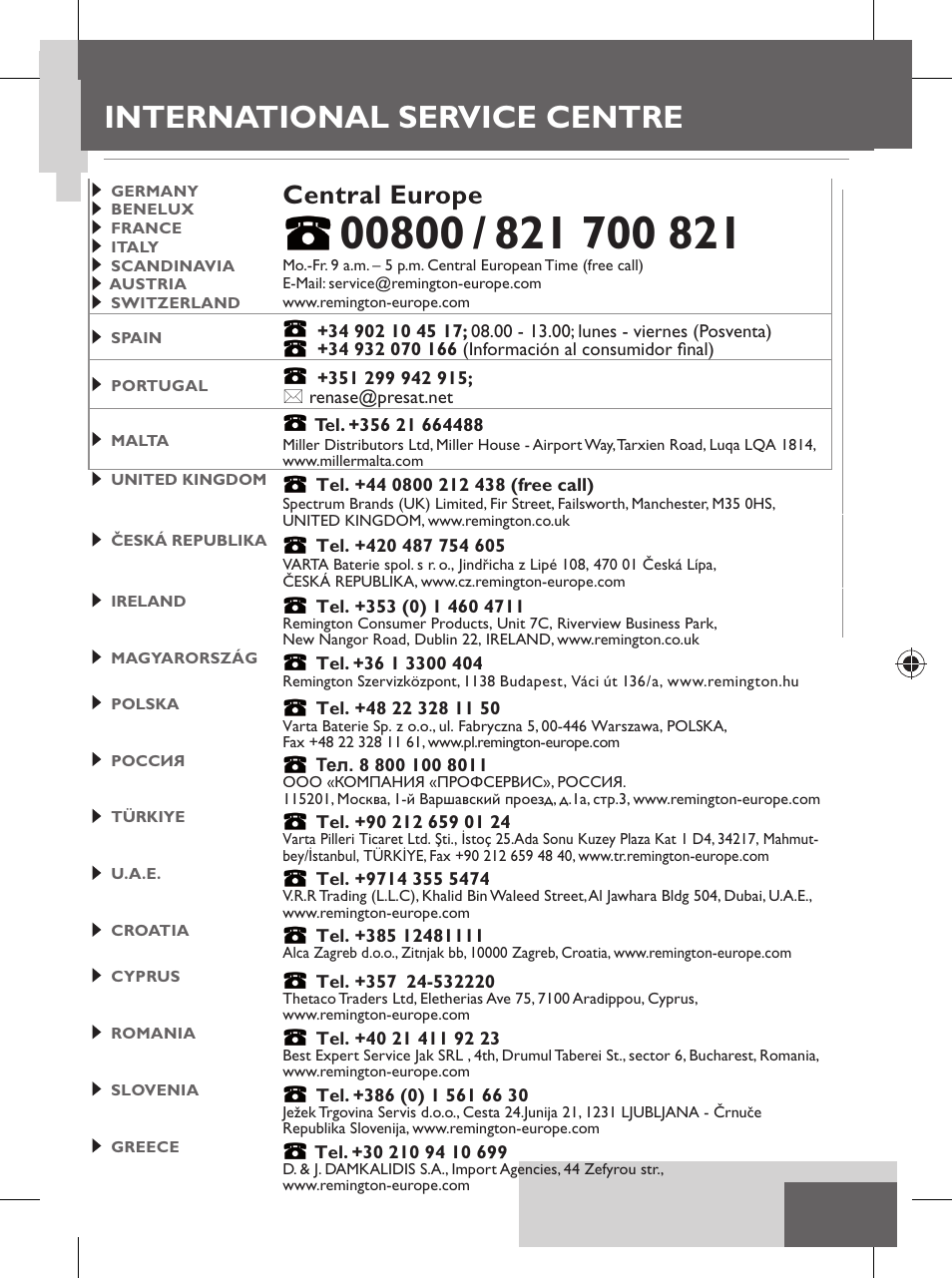 International service centre, Central europe | Remington S8102 User Manual | Page 111 / 112