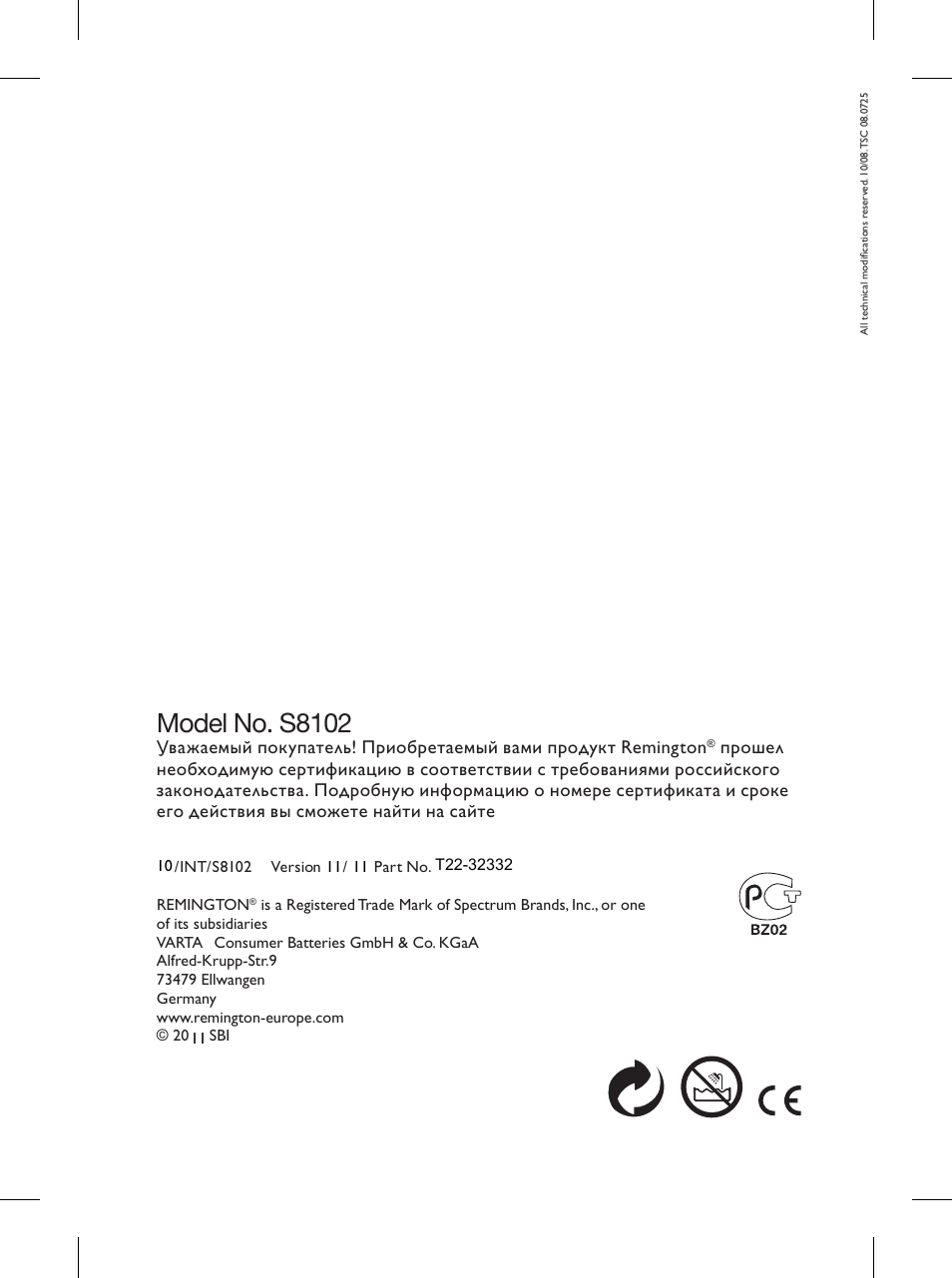 Model no. s8102 | Remington S8102 User Manual | Page 112 / 112