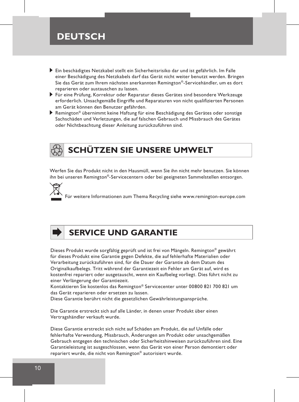 Deutsch, Nederlands, Service und garantie | Schützen sie unsere umwelt, Product eigenschappen | Remington S8102 User Manual | Page 12 / 112