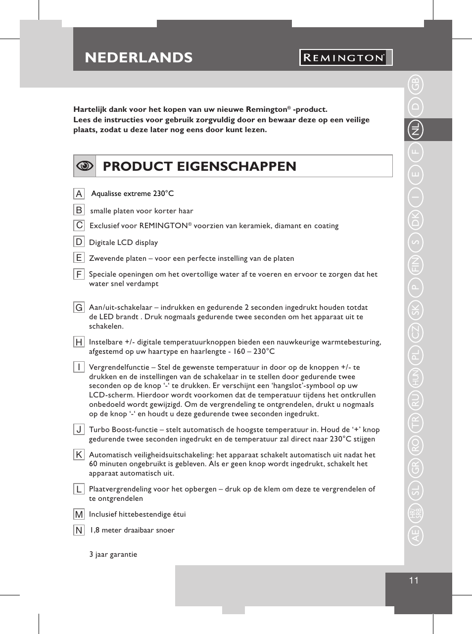 Deutsch, Nederlands, Service und garantie | Schützen sie unsere umwelt, Product eigenschappen | Remington S8102 User Manual | Page 13 / 112