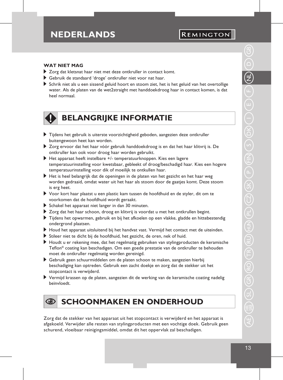 Nederlands, Gebruiksinstructies, Schoonmaken en onderhoud | Belangrijke informatie | Remington S8102 User Manual | Page 15 / 112