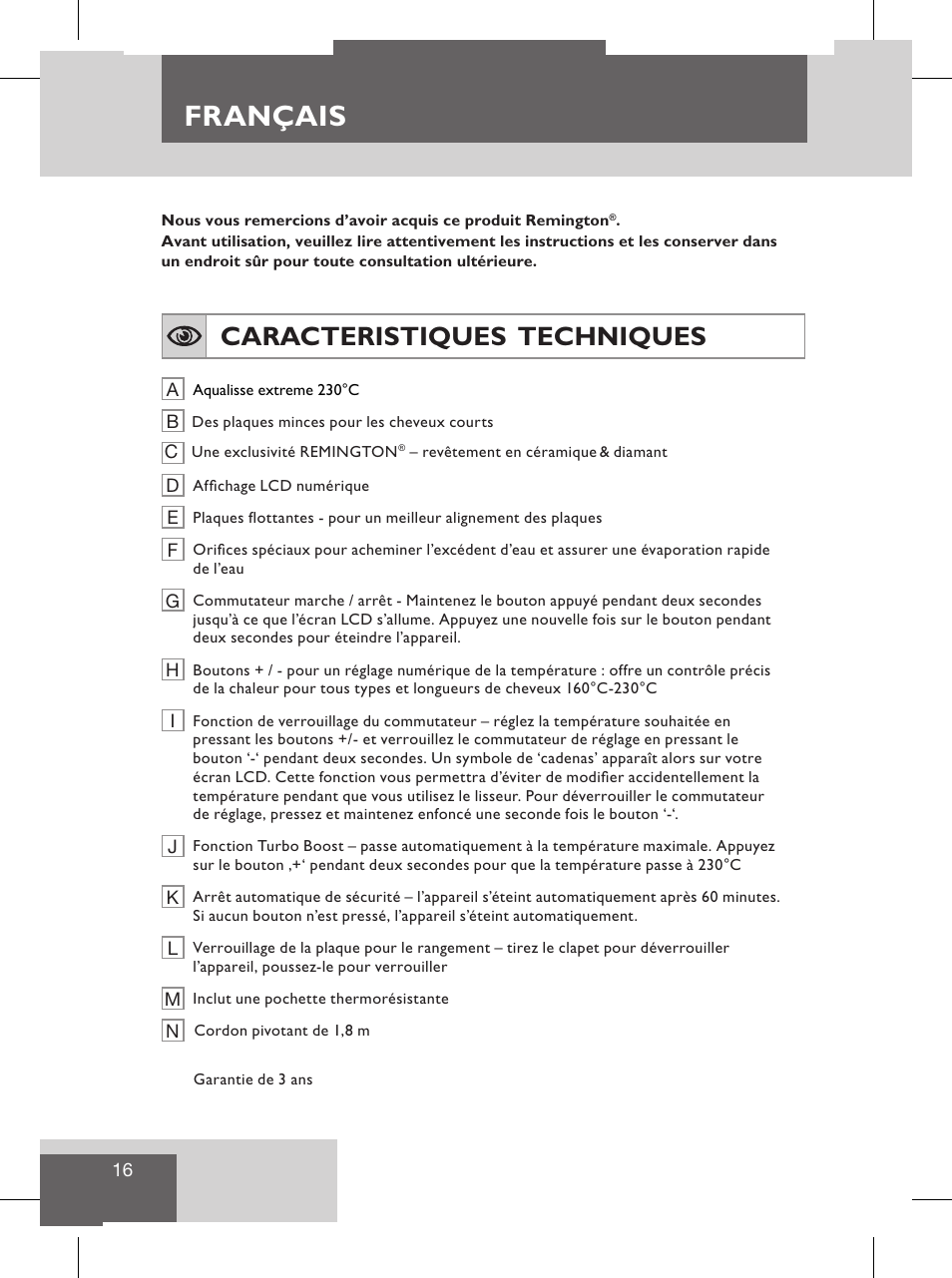 Français, Caracteristiques techniques, Instructions d’utilisation | Remington S8102 User Manual | Page 18 / 112